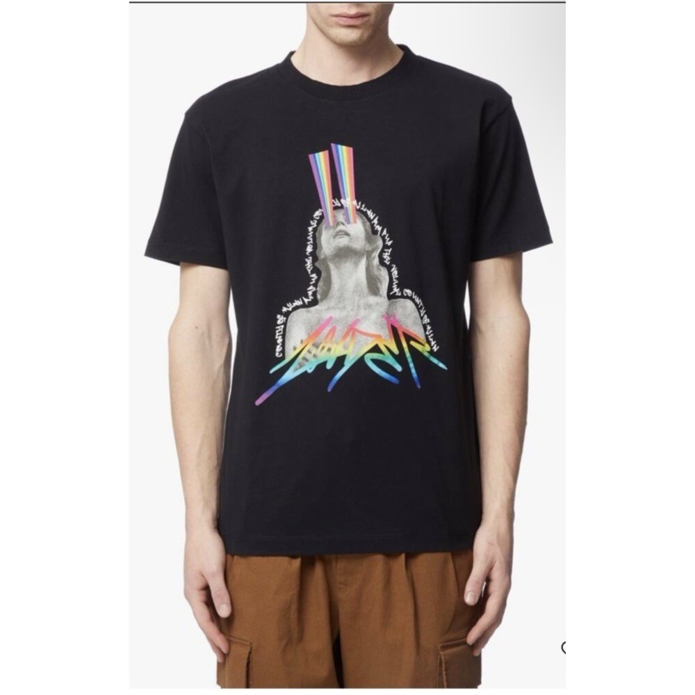 Marcelo Burlon County Of Milan Men Sz Small Louder Regular T-Shirt Black Rainbow